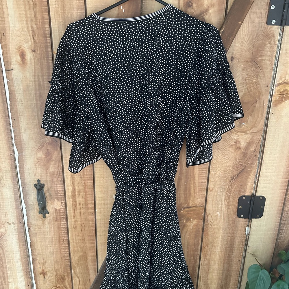 Max Studio Scattered Polka Dot Ruffle Wrap Midi Dress Black & White Breezy Large - Picture 5 of 9